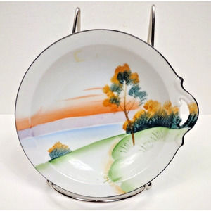 Vintage Hand Painted Meito Black Trim Porcelain Bowl Japan Tree Land Scene - 6"
